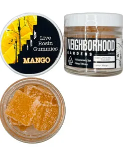 Mango flavored live rosin gummies in a jar by Neighborhood Gardens, 10mg THC per gummy.
