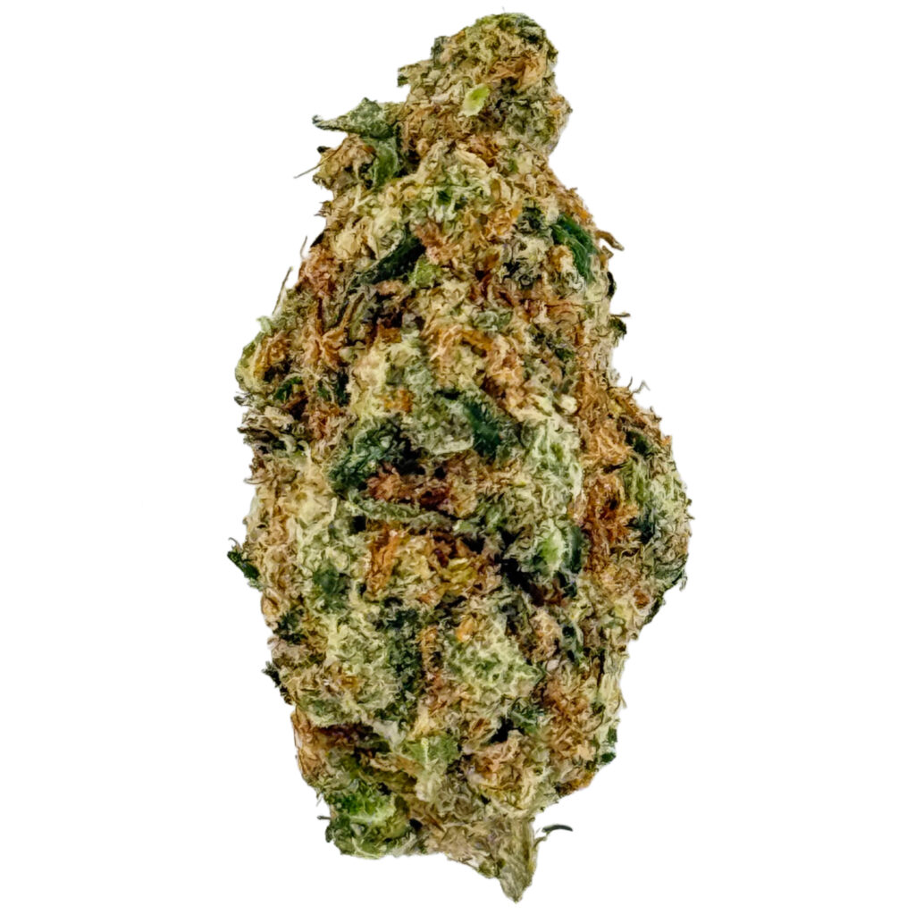 Cannabis bud close-up showing detailed texture and trichomes on white background.
