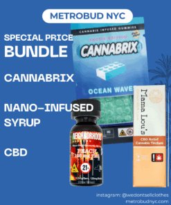 Cannabis product bundle including Cannabrix gummies, nano-infused syrup, and CBD tincture from Metrobud NYC.