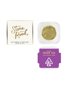 Stone Road Natural Bubble Hash in Pecan Pie Hybrid, 1g container, with packaging showing cannabis symbol.