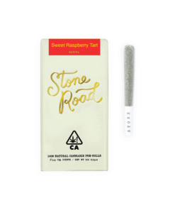 Stone Road Sweet Raspberry Tart Sativa pre-roll packaging with joint.