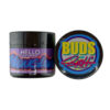 Jar of premium flower labeled Hello, my name is, next to Buds and Roses lid with colorful branding.