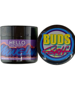Jar of premium flower labeled Hello, my name is, next to Buds and Roses lid with colorful branding.