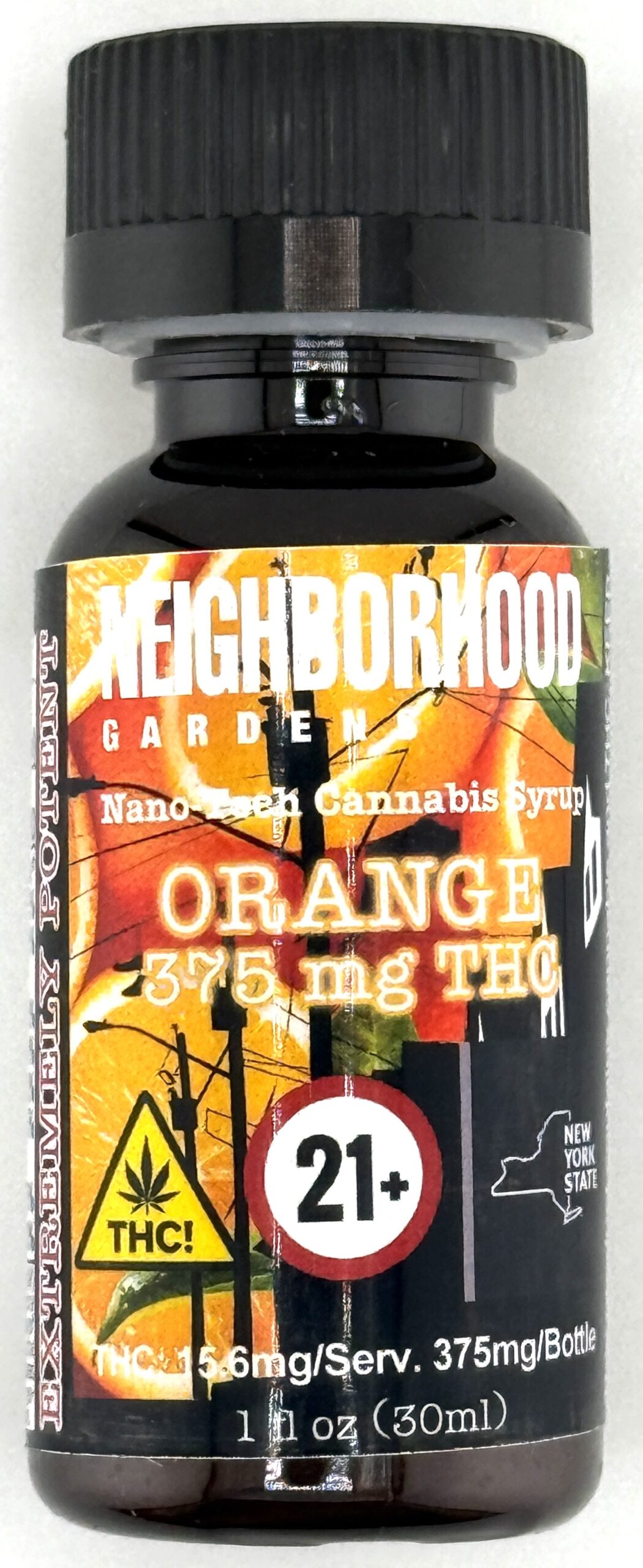 Nano-Infused Syrup – 375mg per bottle – Orange 1 Orange cannabis syrup bottle with 375 mg THC content, labeled for ages 21 and over, 30ml size.