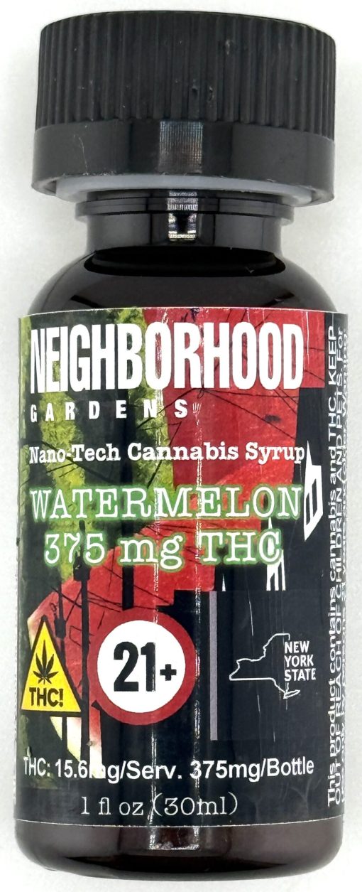 Cannabis syrup bottle labeled Neighborhood Gardens, watermelon flavor, 375mg THC, age restriction 21+.
