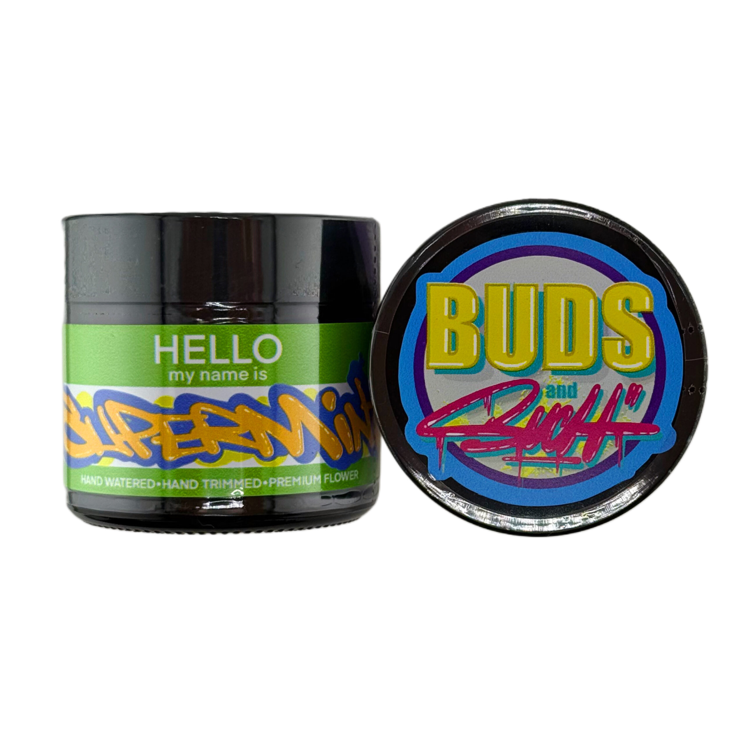 Super Mintz (Super Lemon Haze x Kush Mintz) | Buds N Such 1 Cannabis jar labeled Supermin next to a vibrant lid design of Buds and Rich logo, premium flower packaging.
