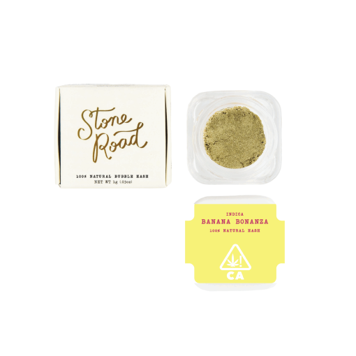Banana Bonanza Hash 1G Hash Concentrate | Stone Road 1 Stone Road Banana Bonanza natural bubble hash in box and container, cannabis product packaging.