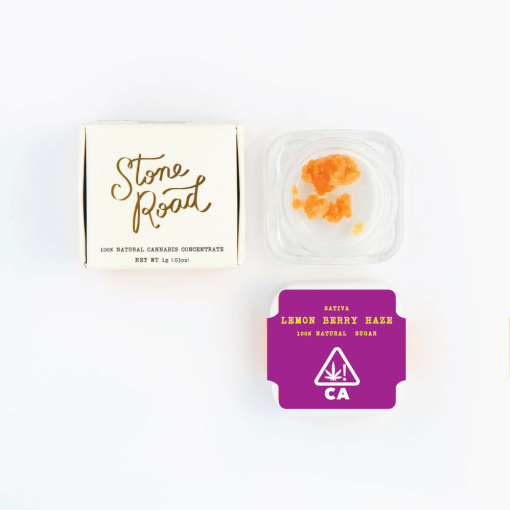 Lemon Berry Haze Sativa Sugar | 1G Stone Road 1 Stone Road Lemon Berry Haze cannabis concentrate with packaging on a white background.