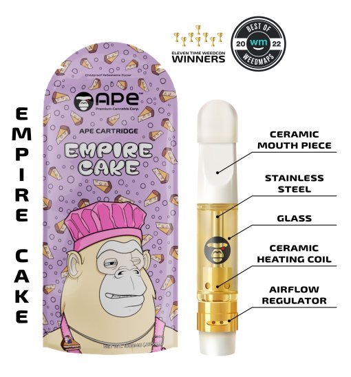 Ape Cartridge Empire Cake with ceramic mouthpiece, stainless steel, glass, ceramic coil, and airflow regulator.