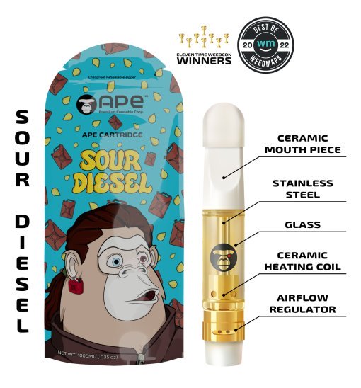 Sour Diesel vape cartridge with packaging featuring a cartoon ape, ceramic mouthpiece, and airflow regulator.