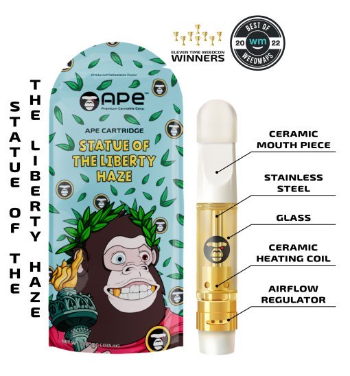 APE Statue of the Liberty Haze vape cartridge packaging with ceramic mouthpiece and stainless steel construction.
