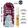 Blue Milk Ape Cartridge with vape details: ceramic mouthpiece, stainless steel, glass, ceramic heating coil, airflow regulator.