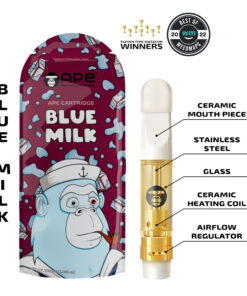Blue Milk Ape Cartridge with vape details: ceramic mouthpiece, stainless steel, glass, ceramic heating coil, airflow regulator.