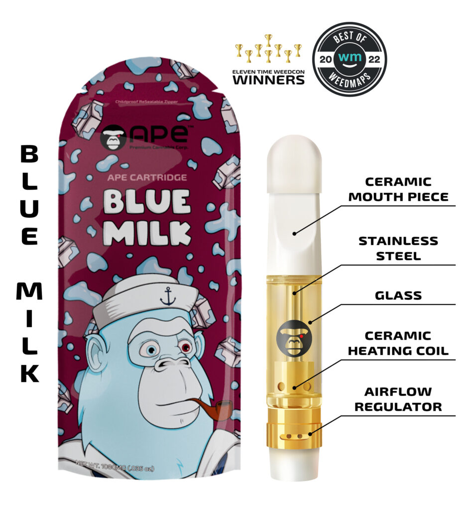 Blue Milk Ape Cartridge with vape details: ceramic mouthpiece, stainless steel, glass, ceramic heating coil, airflow regulator.