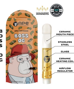 Boss OG vape cartridge by APE, featuring ceramic mouthpiece, stainless steel, and airflow regulator design.