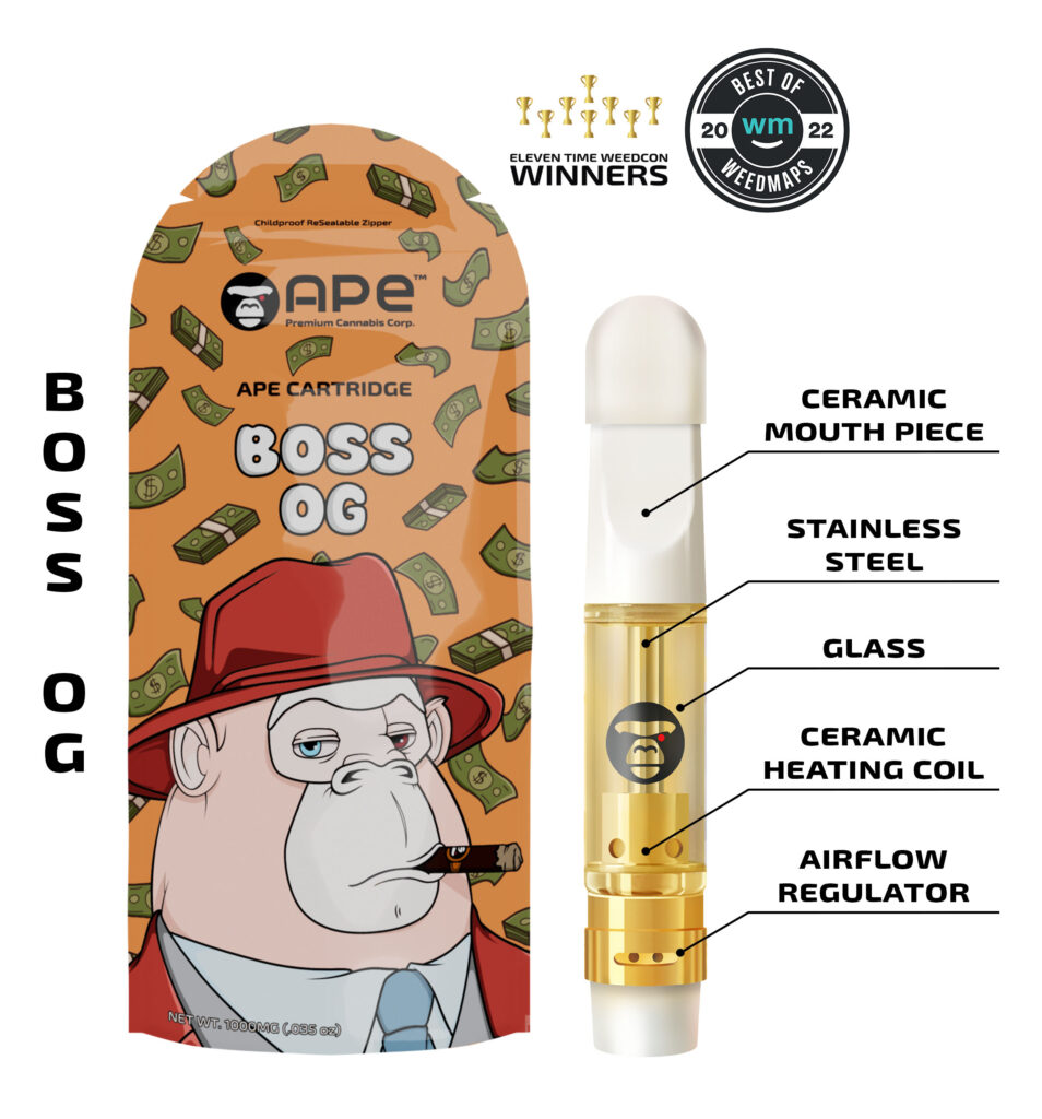 Boss OG vape cartridge by APE, featuring ceramic mouthpiece, stainless steel, and airflow regulator design.