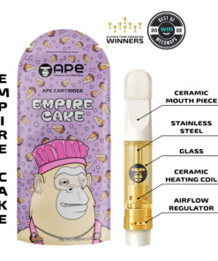 Ape Cartridge Empire Cake with ceramic mouthpiece, stainless steel, glass, ceramic coil, and airflow regulator.