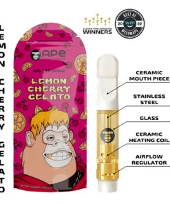 Ape Lemon Cherry Gelato vape cartridge packaging, featuring ceramic mouthpiece and airflow regulator.