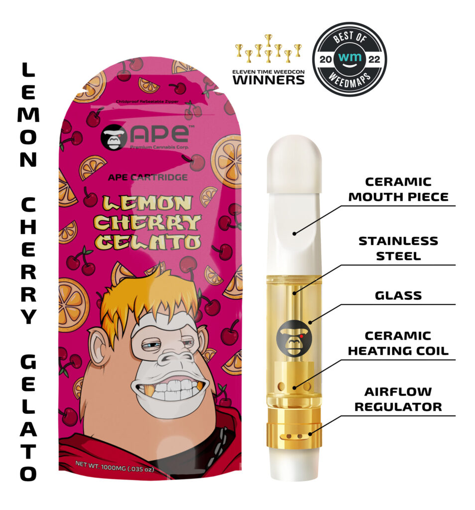 Ape Lemon Cherry Gelato vape cartridge packaging, featuring ceramic mouthpiece and airflow regulator.
