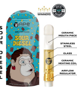 Sour Diesel vape cartridge with packaging featuring a cartoon ape, ceramic mouthpiece, and airflow regulator.