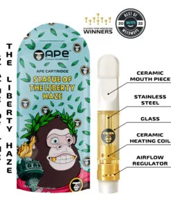 APE Statue of the Liberty Haze vape cartridge packaging with ceramic mouthpiece and stainless steel construction.