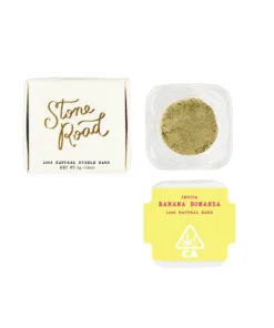 Stone Road Banana Bonanza natural bubble hash in box and container, cannabis product packaging.