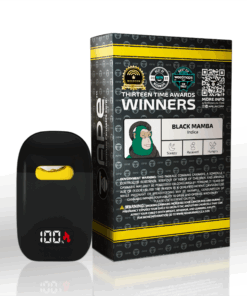 Award-winning Black Mamba Indica vape packaging with sleep, relax, hunger effects icons and QR code.
