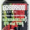 Cannabis syrup bottle labeled Neighborhood Gardens, watermelon flavor, 375mg THC, age restriction 21+.