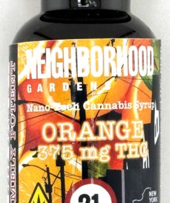 Orange cannabis syrup bottle with 375 mg THC content, labeled for ages 21 and over, 30ml size.