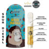 Sour Diesel vape cartridge with packaging featuring a cartoon ape, ceramic mouthpiece, and airflow regulator.