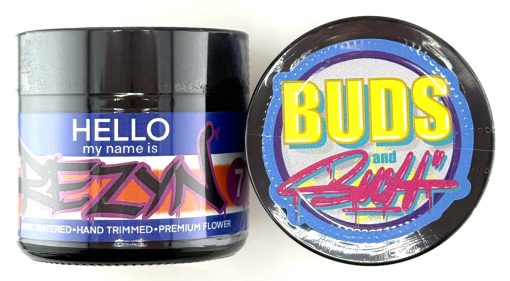 Rezyn 7 | Buds N Such 1 Cannabis packaging with colorful labels, featuring Rezyn and Buds and Beuh text. Premium flower branding.