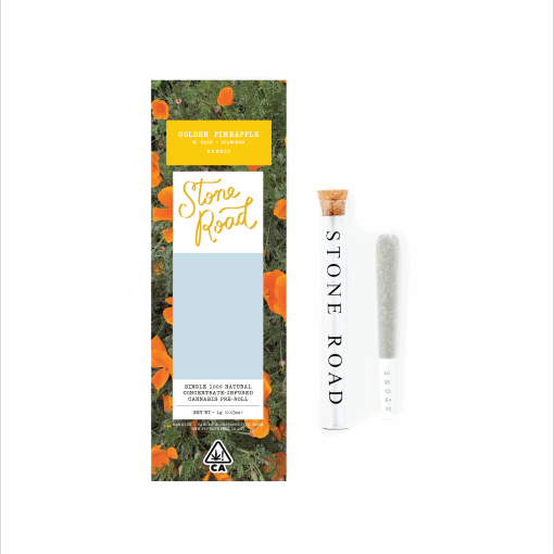 Golden Pineapple – 1G Infused Preroll | Stone Road 1 Stone Road Golden Pineapple cannabis pre-roll packaging with floral design and glass tube.