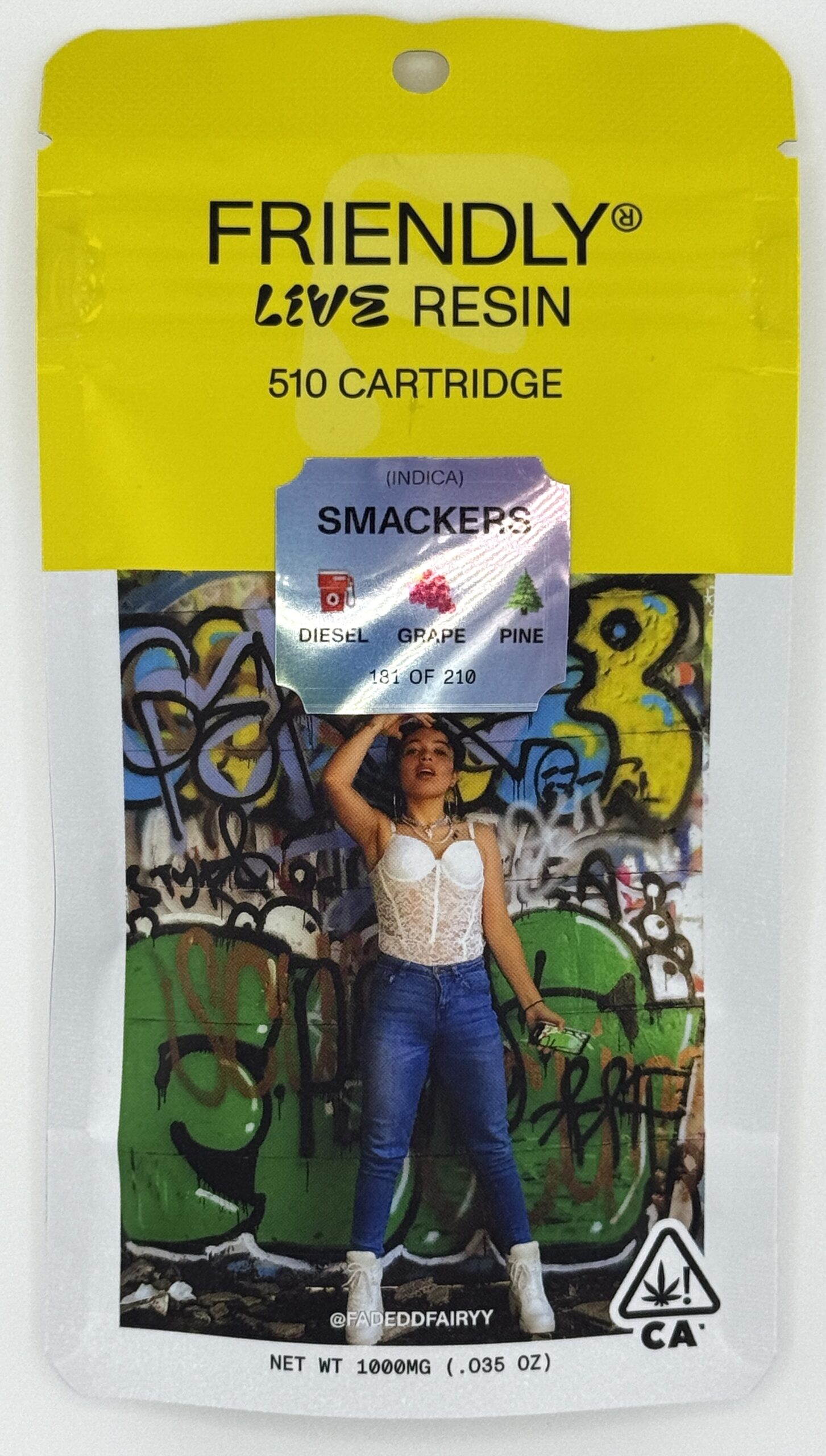 Friendly Live Resin Smackers cartridge package featuring graffiti art and a person in jeans and white top.