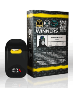 Award-winning Gorilla Glue hybrid cannabis product packaging, featuring sleek design and detailed information.