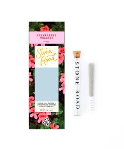 Stone Road Strawberry Gelatti pre-roll with floral packaging and glass tube. Cannabis product display.