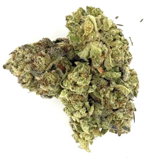 Close-up of dense, green cannabis bud with visible trichomes, highlighting texture and color details.