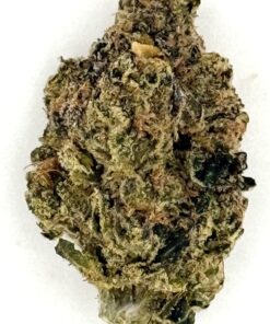 Close-up of a cannabis bud with green and orange hues, showcasing its dense texture and trichomes.