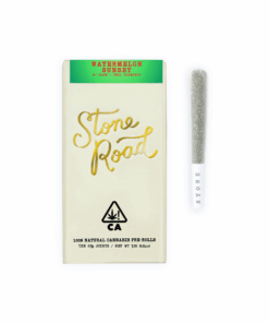 Stone Road Watermelon Sunset cannabis pre-roll package with joint. Premium natural cannabis product display.