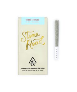 Stone Road Creme Brulee cannabis pre-roll packaging with joint on white background.