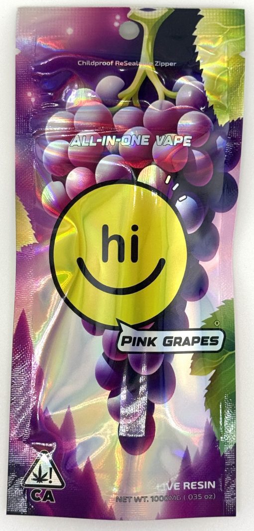 Carbon Fiber - 1G Live Resin All-In-One Vape | Hi 1 Hi Vape Pink Grapes packaging featuring childproof resealable zipper and live resin, 1000mg grape flavor.