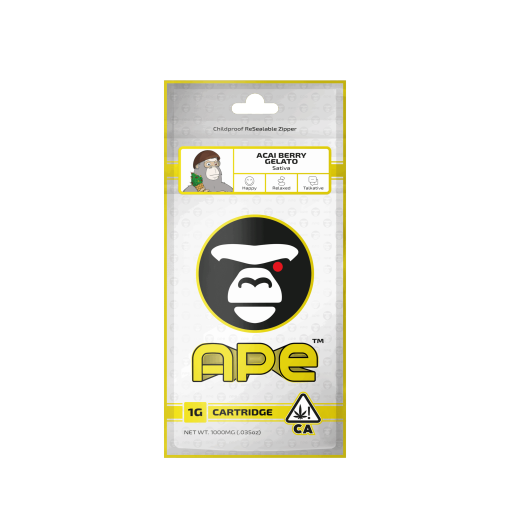 Acai Berry Gelato – 1g Live Resin Disposable Vape | APE 1 Ape brand Acai Berry Gelato Sativa cartridge packaging, 1g, featuring childproof resealable zipper and CA cannabis symbol.