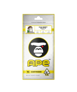 Ape brand Acai Berry Gelato Sativa cartridge packaging, 1g, featuring childproof resealable zipper and CA cannabis symbol.
