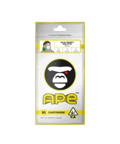 Ape brand Acai Berry Gelato Sativa cartridge packaging, 1g, featuring childproof resealable zipper and CA cannabis symbol.