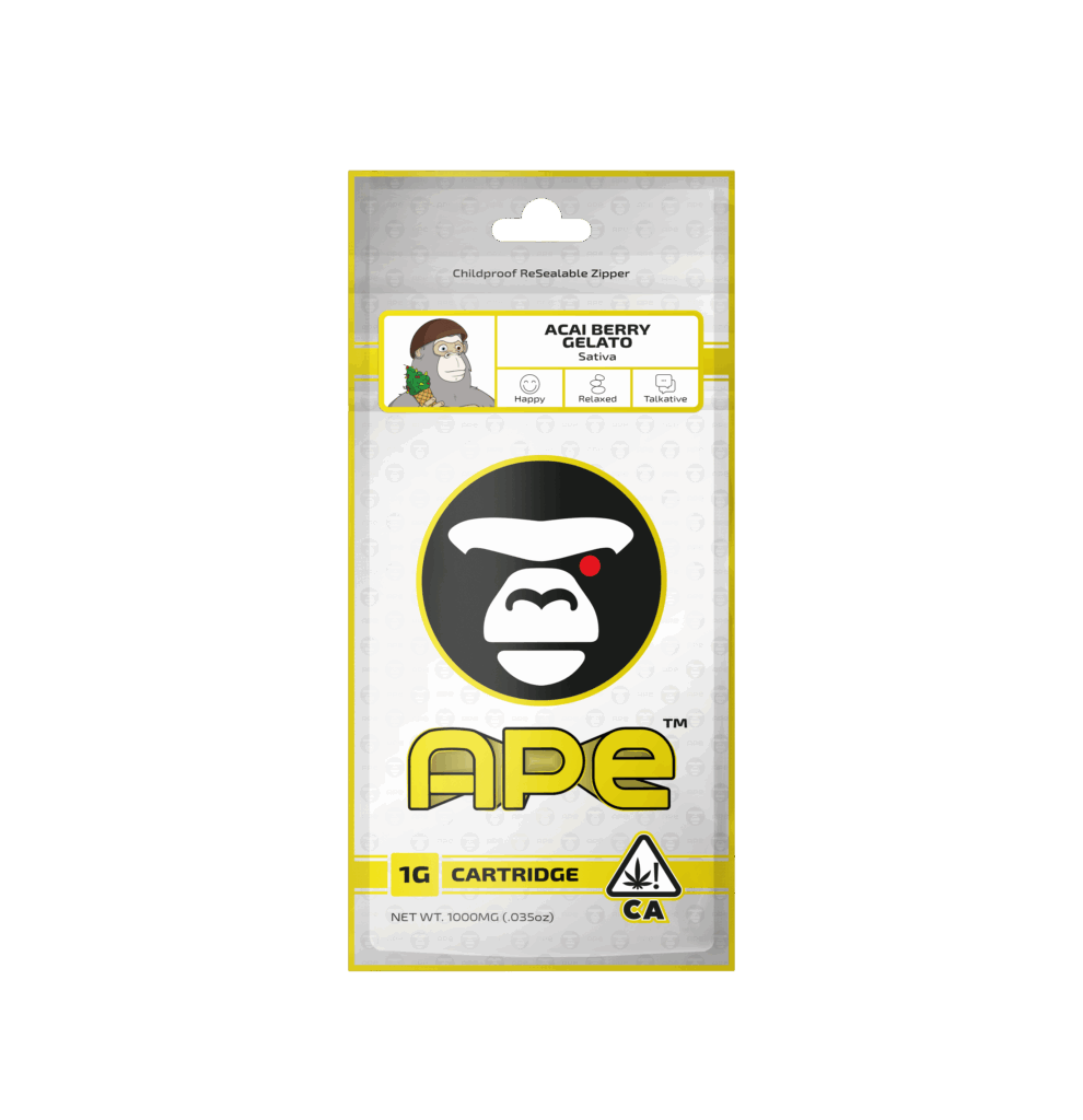 Ape brand Acai Berry Gelato Sativa cartridge packaging, 1g, featuring childproof resealable zipper and CA cannabis symbol.