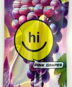 Hi Vape Pink Grapes packaging featuring childproof resealable zipper and live resin, 1000mg grape flavor.