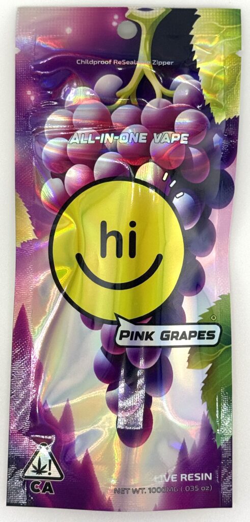 Hi Vape Pink Grapes packaging featuring childproof resealable zipper and live resin, 1000mg grape flavor.