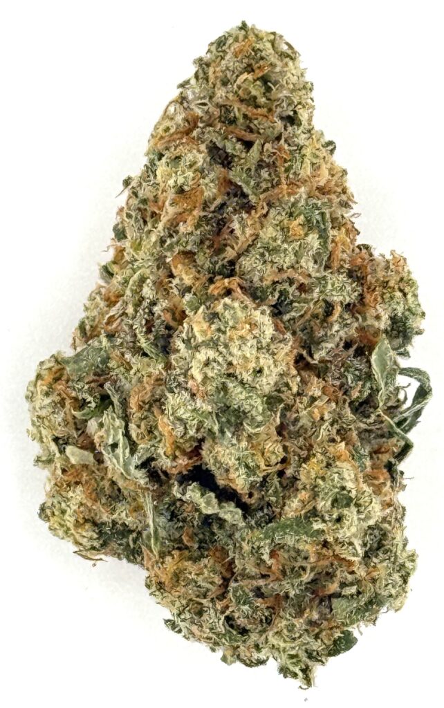 Close-up of a cannabis bud showcasing trichomes and leafy texture on a white background.