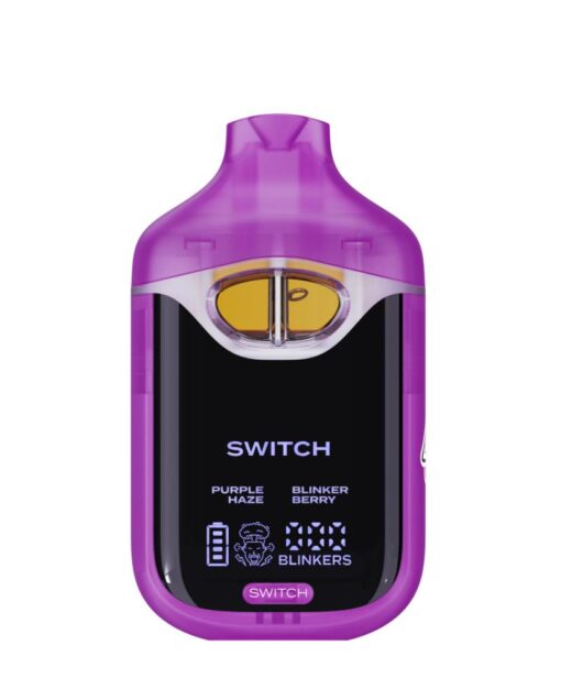Purple vape device with dual flavors: Purple Haze and Blinker Berry. Digital display with blinker counter and battery icon.