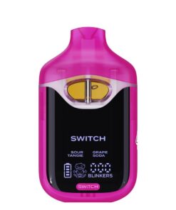Pink vape pod device labeled Switch with flavors Sour Tangie and Grape Soda, featuring a digital battery indicator.