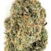 Close-up of a dried cannabis bud showcasing its frosty trichomes and lush green color on a white background.